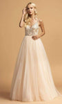 A-line V-neck Floor Length Plunging Neck Natural Waistline V Back Back Zipper Beaded Glittering Evening Dress