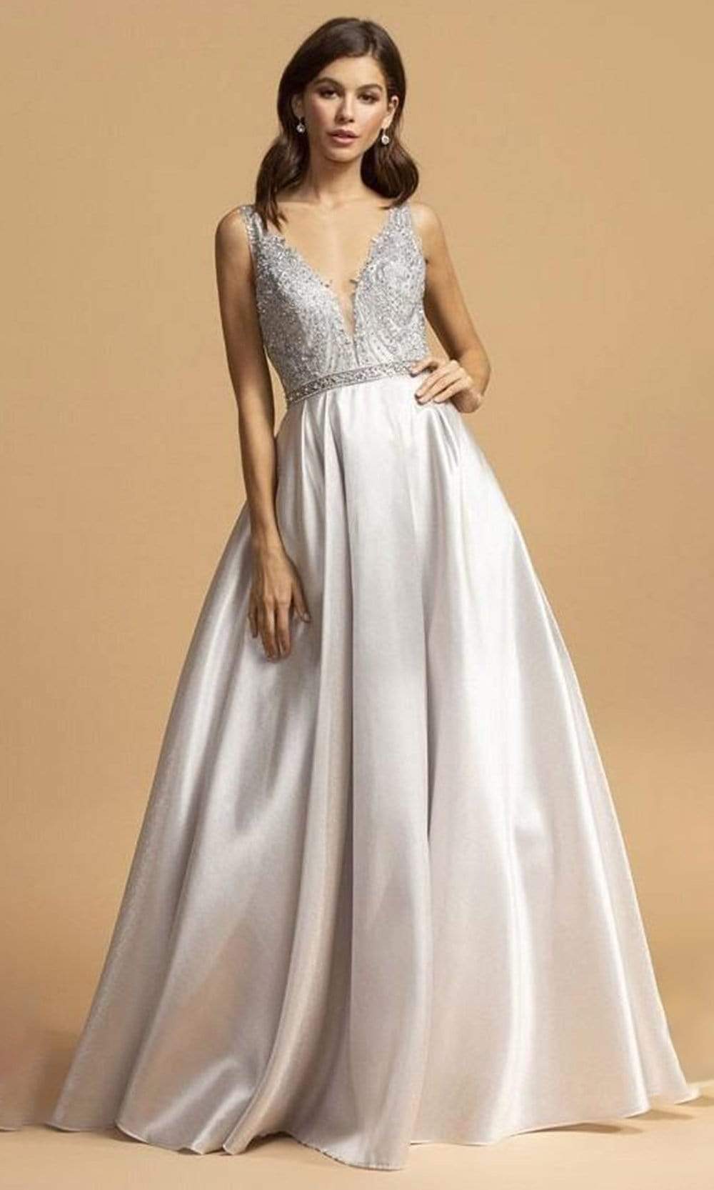 Aspeed Design - L2168 Long Bejeweled Bodice Satin Dress
