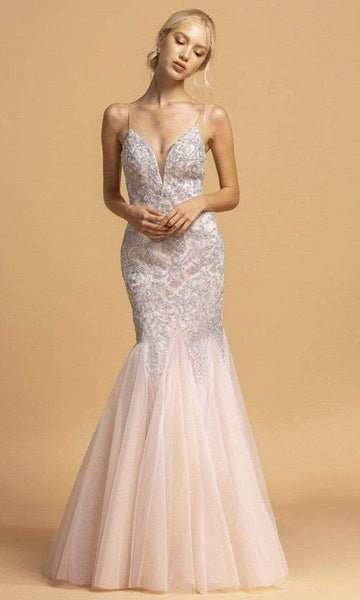 Sophisticated V-neck Open-Back Beaded Back Zipper Fitted Sheer Tulle Sleeveless Spaghetti Strap Floor Length Plunging Neck Mermaid Natural Waistline Evening Dress with a Brush/Sweep Train