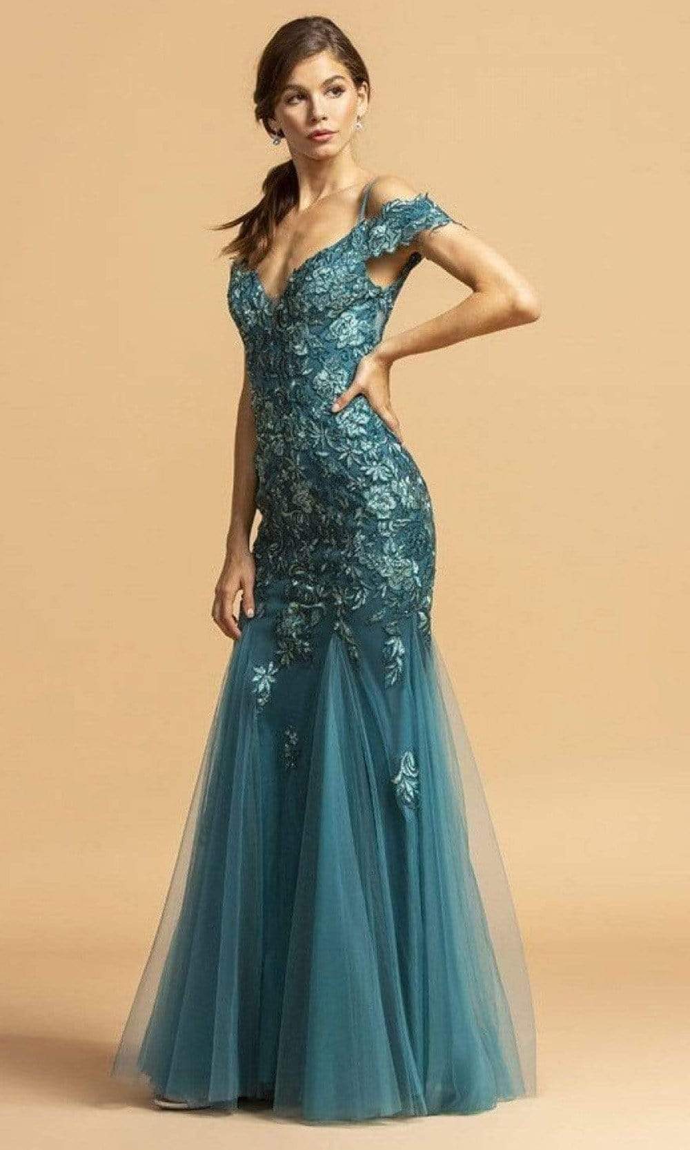 Aspeed Design - L2170 Floral Lace Cold Shoulder Trumpet Dress
