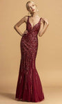 V-neck Mermaid Floor Length Back Zipper Sequined Sheer Natural Waistline Plunging Neck Tulle Sleeveless Dress