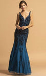 V-neck Mermaid Floor Length Back Zipper Sheer Sequined Sleeveless Tulle Natural Waistline Plunging Neck Dress