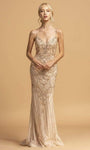 V-neck Sheath Beaded Open-Back Lace-Up Plunging Neck Sleeveless Natural Waistline Sheath Dress/Evening Dress