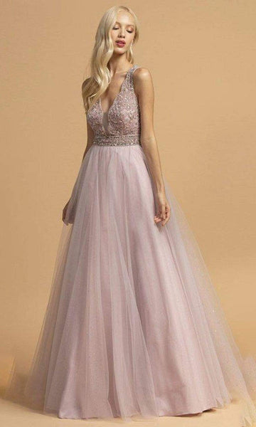 Sophisticated A-line V-neck Tulle Floor Length Natural Waistline Plunging Neck Sleeveless Beaded Back Zipper Cutout Sheer Jeweled Illusion Dress With Rhinestones