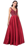 A-line V-neck Sleeveless Sheer Back Zipper Illusion Beaded Floor Length Plunging Neck Satin Natural Waistline Dress