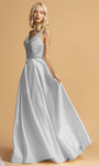 A-line V-neck Illusion Back Zipper Sheer Beaded Natural Waistline Floor Length Sleeveless Plunging Neck Satin Dress