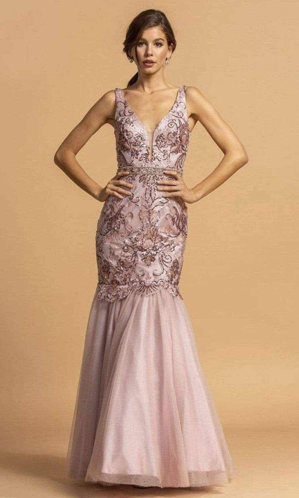 Aspeed Design - L2203 Appliqued Trumpet Simple Prom Dress
