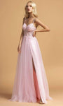 A-line Sweetheart Spaghetti Strap Applique Slit Sheer Corset Natural Waistline Dress with a Brush/Sweep Train With Rhinestones