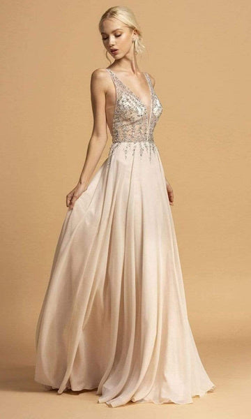 A-line V-neck Back Zipper Open-Back Sheer Jeweled Illusion Sleeveless Natural Waistline Plunging Neck Chiffon Dress with a Brush/Sweep Train With Rhinestones