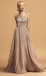 A-line V-neck Sleeveless Natural Waistline Chiffon Plunging Neck Sheer Back Zipper Open-Back Jeweled Illusion Dress with a Brush/Sweep Train With Rhinestones