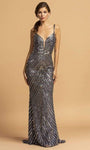 Natural Waistline Spaghetti Strap Illusion Open-Back Back Zipper Sequined Sheath Plunging Neck Sweetheart Striped Print Sheath Dress with a Brush/Sweep Train