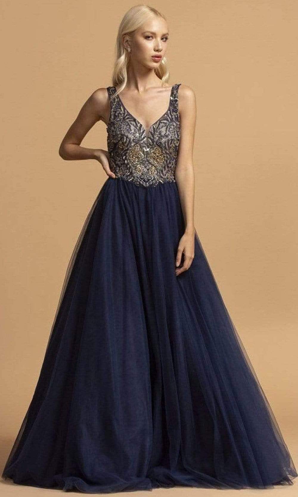 Aspeed Design - L2210 Beaded Plunging V-Neck Simple Prom Dress
