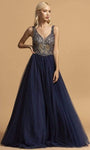 A-line V-neck Back Zipper Beaded Floor Length Plunging Neck Natural Waistline Sleeveless Evening Dress/Prom Dress