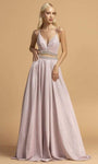 A-line V-neck Gathered Sheer Beaded Pleated Open-Back Back Zipper Glittering Crepe Floor Length Natural Waistline Plunging Neck Spaghetti Strap Dress