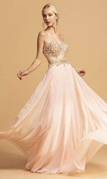 Tall A-line Strapless Beaded Open-Back Back Zipper Applique Natural Waistline Sweetheart Dress with a Brush/Sweep Train