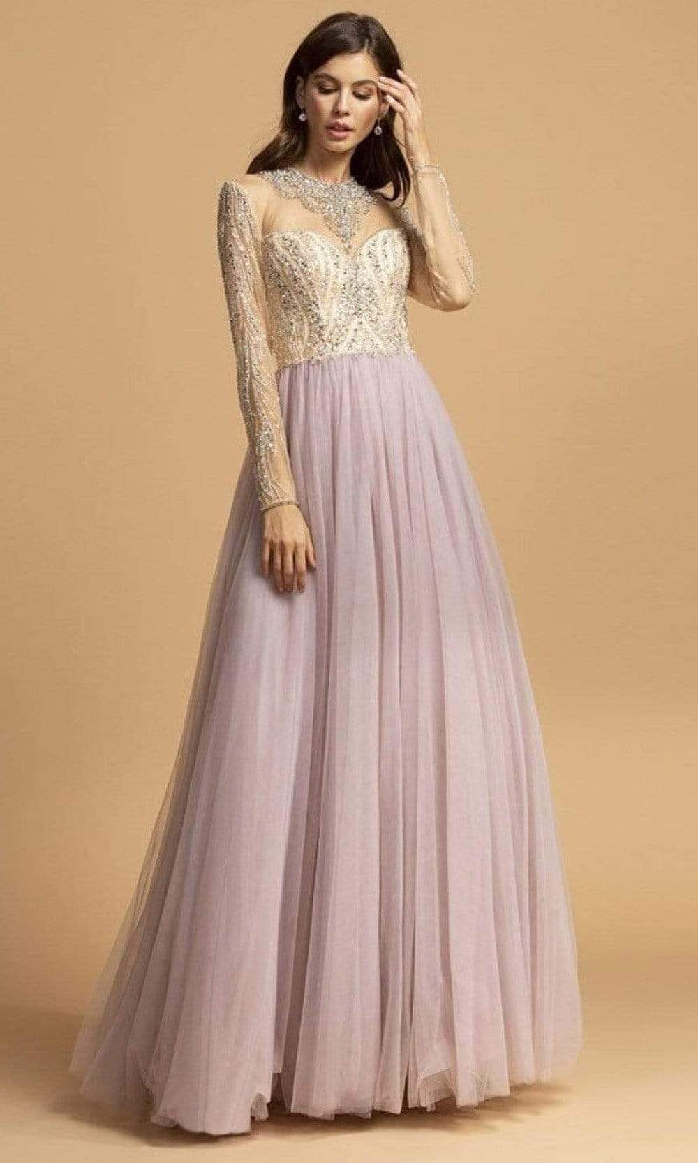 Aspeed Design - L2217 Bejeweled Illusion Long Sleeve Dress
