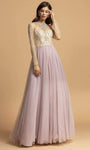 A-line High-Neck Floor Length Back Zipper Beaded Jeweled Illusion Sheer Back Shirred Sheer Natural Waistline Tulle Long Sleeves Dress With Rhinestones
