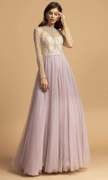 A-line Tulle Sheer Illusion Beaded Shirred Sheer Back Jeweled Back Zipper Long Sleeves Natural Waistline Floor Length High-Neck Dress With Rhinestones