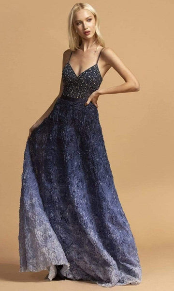 A-line V-neck Sleeveless Spaghetti Strap Open-Back Back Zipper Beaded Floral Print Natural Waistline Floor Length Evening Dress