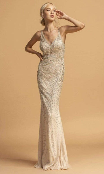Sexy V-neck Floor Length Sheath Sleeveless Natural Waistline Sequined Beaded Open-Back V Back Fitted Back Zipper Sheath Dress with a Brush/Sweep Train With Rhinestones