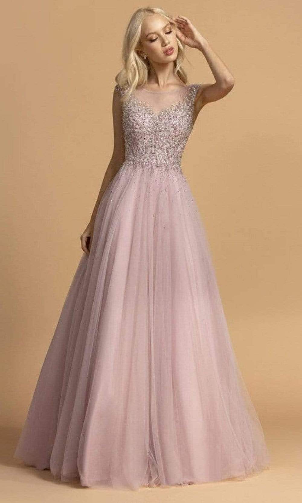 Aspeed Design - L2233 Cap Sleeve Beaded Illusion Jewel Dress
