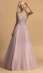 A-line Illusion Open-Back Beaded Tulle Plunging Neck Dress by Aspeed Design