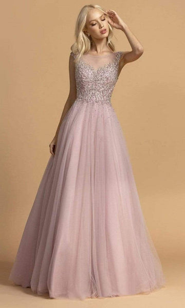 A-line Natural Waistline Illusion Open-Back Jeweled Beaded Back Zipper Jeweled Neck Plunging Neck Tulle Cap Sleeves Floor Length Dress with a Brush/Sweep Train With Rhinestones