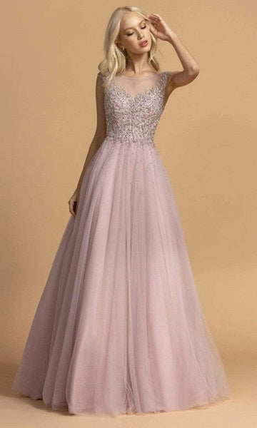 A-line Cap Sleeves Open-Back Back Zipper Beaded Illusion Jeweled Floor Length Natural Waistline Tulle Jeweled Neck Plunging Neck Dress with a Brush/Sweep Train With Rhinestones