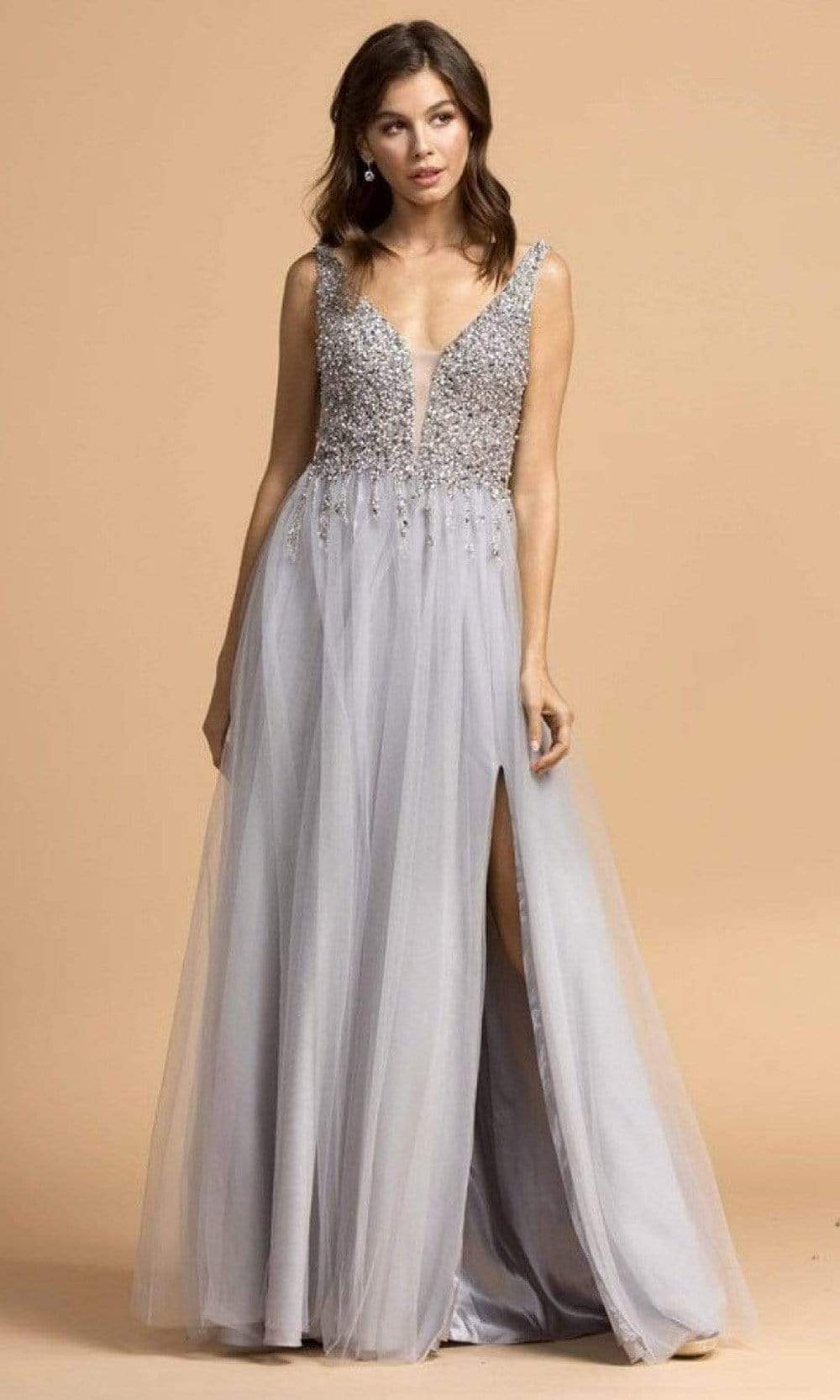 Aspeed Design - L2234 Plunging V-Neck Beaded High Slit Dress
