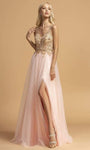 A-line V-neck Floor Length Beaded Back Zipper V Back Slit Sleeveless Plunging Neck Natural Waistline Evening Dress