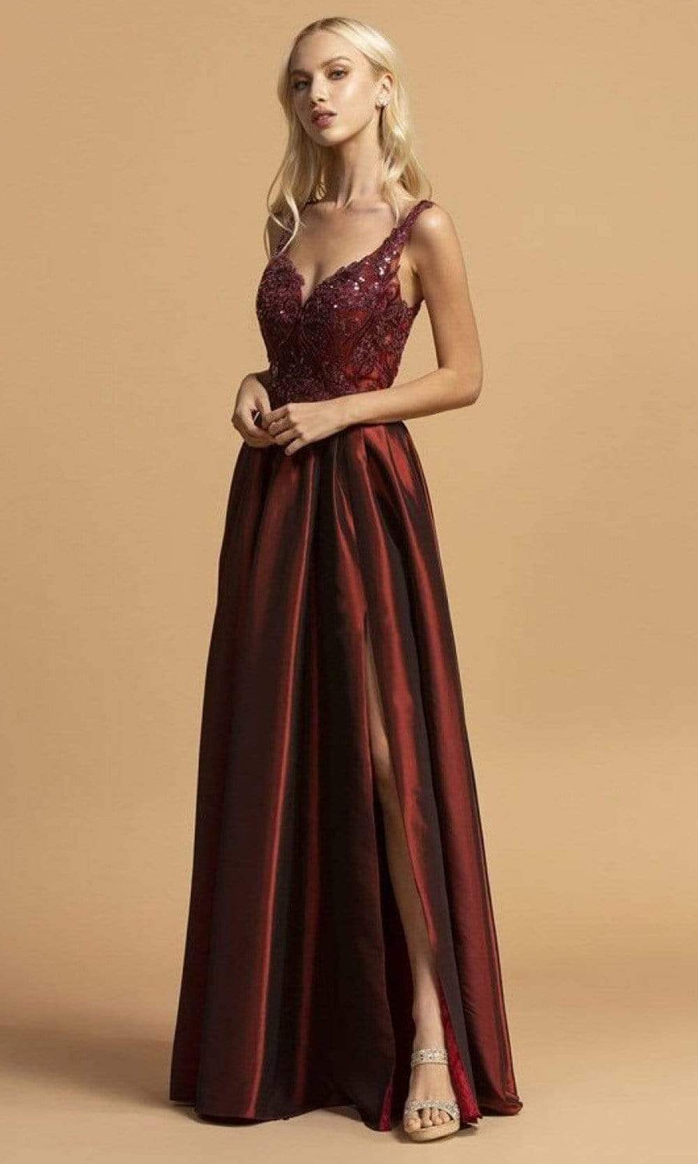 Aspeed Design - L2241 Ornate High Slit Taffeta A-Line Dress
