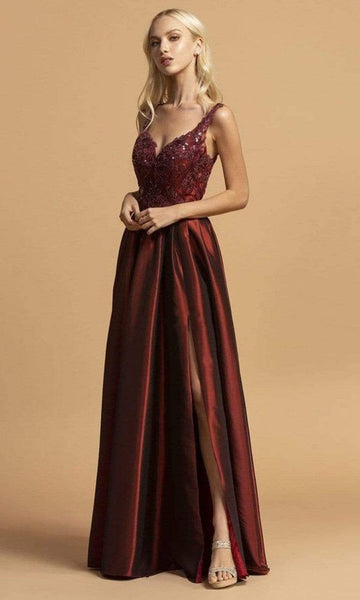 A-line V-neck Floor Length Beaded Sequined Open-Back Slit Applique Back Zipper Embroidered Natural Waistline Sleeveless Taffeta Dress