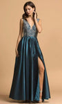 A-line V-neck Floor Length Plunging Neck Natural Waistline Applique Back Zipper Slit Open-Back Beaded Sleeveless Satin Evening Dress