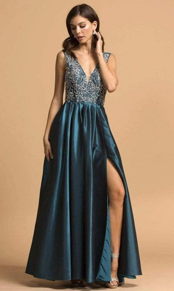 A-line V-neck Applique Slit Open-Back Beaded Back Zipper Floor Length Sleeveless Natural Waistline Plunging Neck Satin Evening Dress