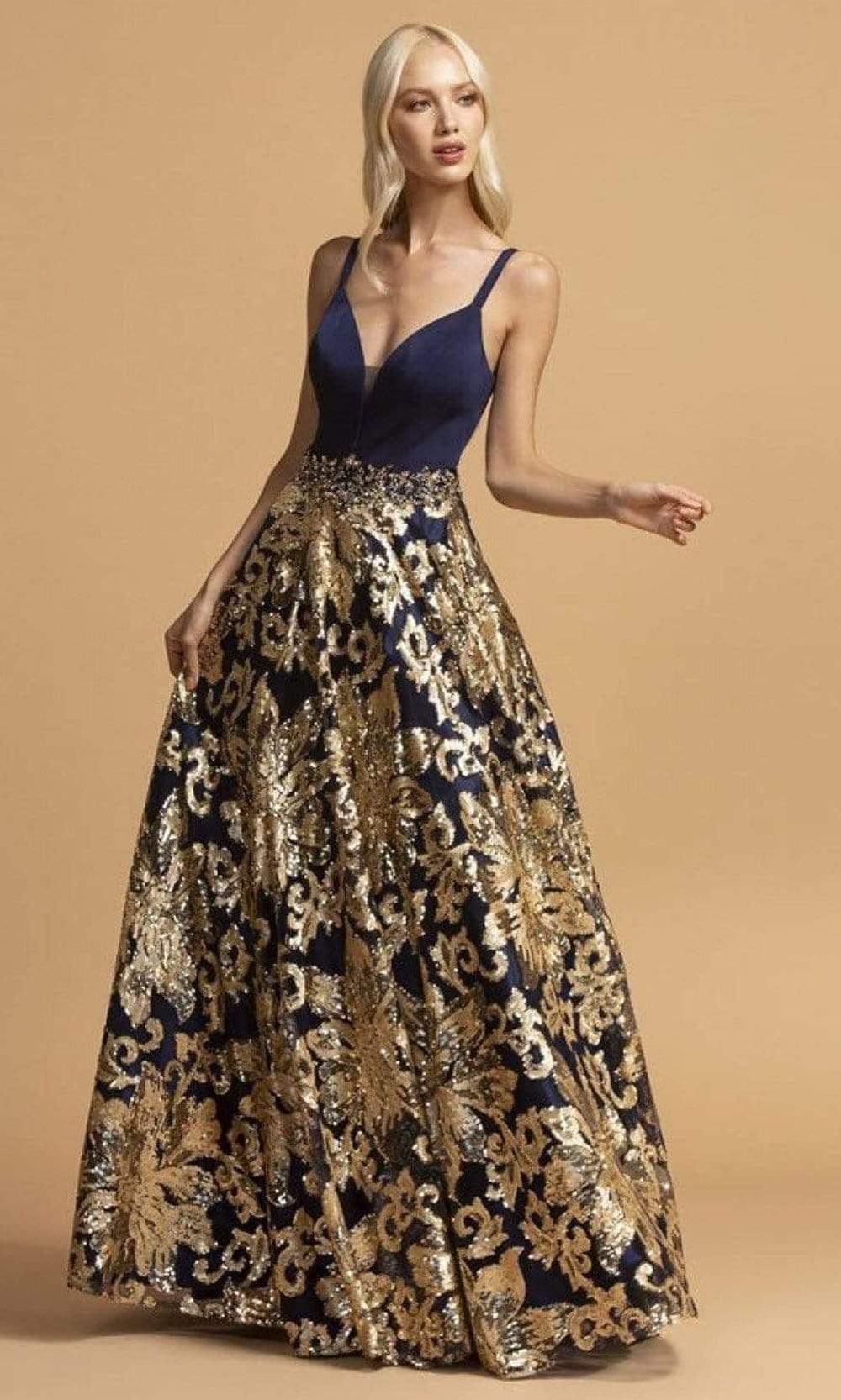 Aspeed Design - L2245 Sleeveless Gold Sequin Appliqued Dress
