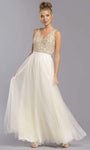 A-line V-neck Floor Length Plunging Neck V Back Beaded Back Zipper Natural Waistline Sleeveless Evening Dress