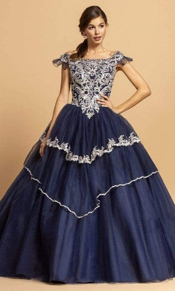 Basque Waistline Open-Back Lace-Up Applique Floor Length Short Sleeves Sleeves Off the Shoulder Ball Gown Evening Dress