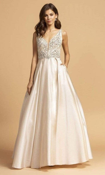 A-line V-neck Sleeveless Pocketed Illusion Cutout Sheer Jeweled Beaded Natural Waistline Floor Length Plunging Neck Satin Dress With Rhinestones