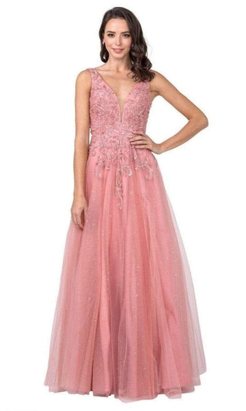 A-line V-neck Floor Length Tulle Natural Waistline Sleeveless Plunging Neck Illusion Open-Back Glittering Back Zipper Beaded Dress