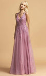 A-line V-neck Plunging Neck Tulle Sleeveless Natural Waistline Back Zipper Glittering Illusion Open-Back Beaded Floor Length Dress