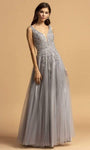 A-line V-neck Sleeveless Open-Back Beaded Back Zipper Illusion Glittering Floor Length Plunging Neck Natural Waistline Tulle Dress