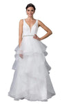 A-line V-neck Tiered Open-Back Back Zipper Wrap Illusion Beaded Fitted Plunging Neck Organza Fall Natural Tie Waist Waistline Sleeveless Dress with a Brush/Sweep Train