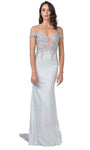 V-neck Cold Shoulder Sleeves Off the Shoulder Illusion Beaded Applique Glittering Sheer Back Zipper Natural Waistline Sheath Sheath Dress with a Brush/Sweep Train