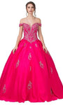 Off the Shoulder Basque Waistline Floor Length Lace-Up Open-Back Applique Ball Gown Evening Dress