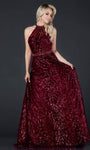 A-line Back Zipper Open-Back Sequined Natural Waistline Floor Length Halter Sleeveless Evening Dress