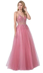 A-line V-neck Tulle Sleeveless Natural Waistline Back Zipper V Back Beaded Floor Length Evening Dress/Prom Dress