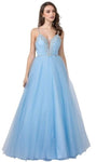 A-line V-neck Plunging Neck Tulle Beaded Open-Back Spaghetti Strap Prom Dress by Aspeed Design
