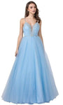 A-line V-neck Natural Waistline Spaghetti Strap Floor Length Tulle Back Zipper Open-Back Beaded Plunging Neck Prom Dress