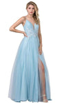 A-line V-neck Plunging Neck Tulle Embroidered Open-Back Back Zipper Slit Natural Waistline Floor Length Evening Dress