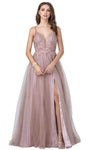 A-line V-neck Natural Waistline Back Zipper Open-Back Slit Embroidered Floor Length Plunging Neck Tulle Evening Dress